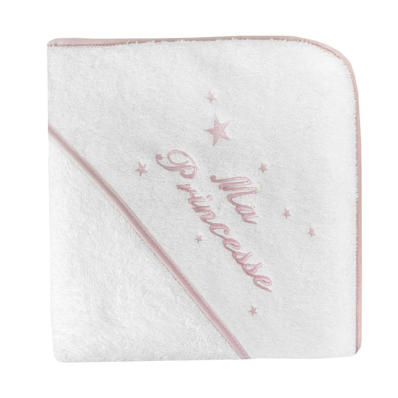 Cape de bain bébé blanche et rose à capuche brodée au prénom